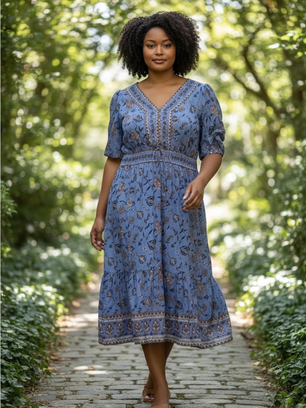 Blue Floral V-Neck Midi Dress 3/4 sleeves Size 2X Fully lined